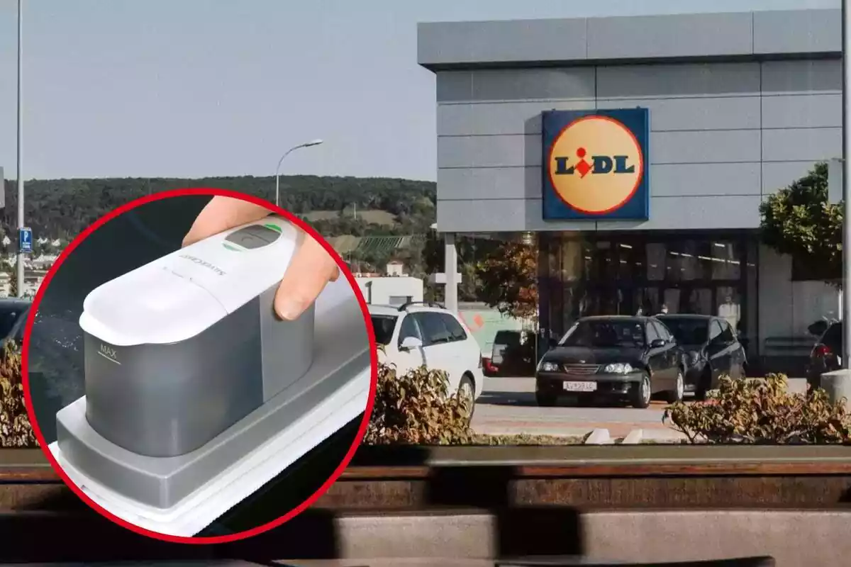 Muntatge amb l'exterior d'una botiga de Lidl i un cercle amb l'aparell netejavidres amb bateria