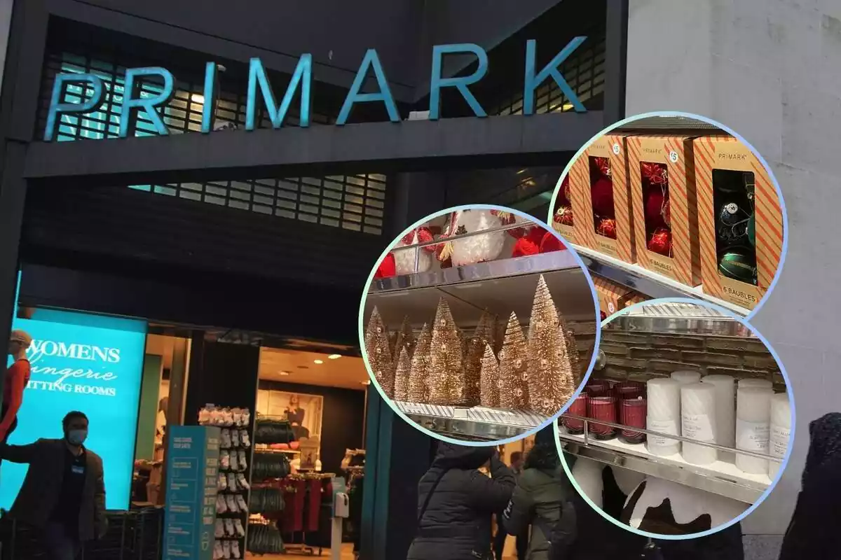 Muntatge amb l´exterior d´una botiga de Primark i tres cercles amb diversos articles de decoració nadalenca