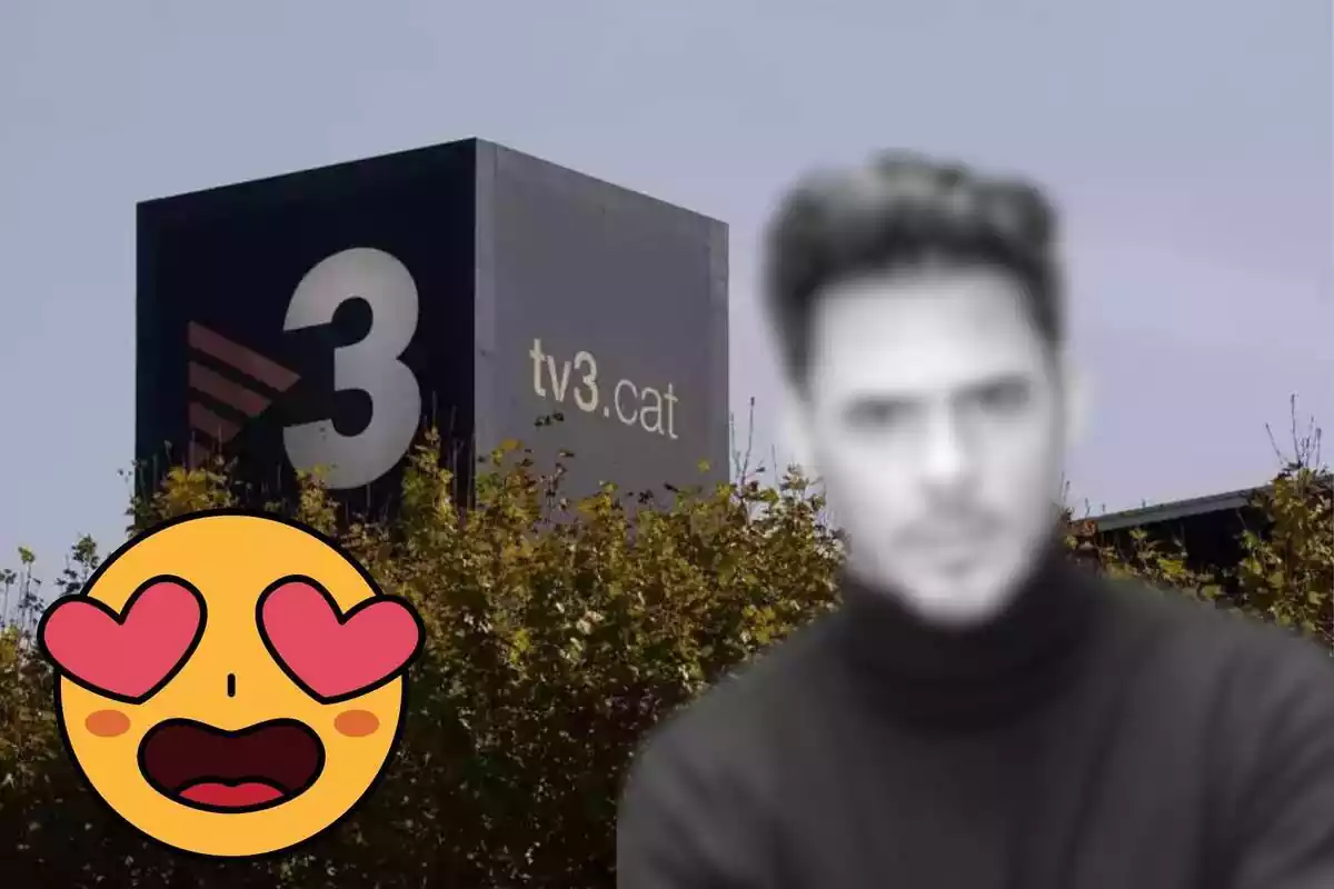 Muntatge de l´exterior dels estudis de TV3, Bart Santana en blanc i negre desenfocat i un emoji enamorat