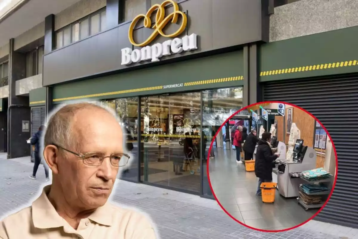 Muntatge de l'exterior d'una botiga Bonpreu, un senyor enfadat mirant de banda amb un pol blanc i caixes automàtiques d'aquest supermercat