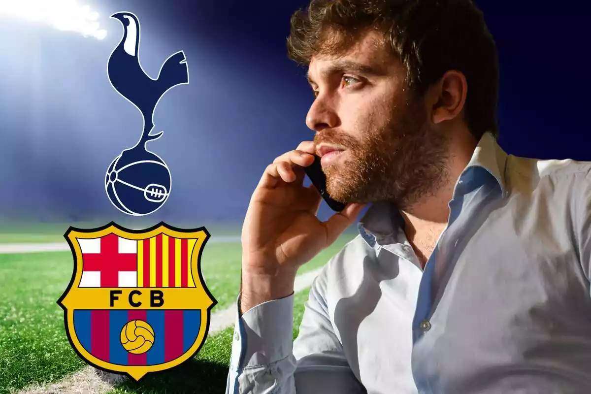 Muntatge amb Fabrizio Romano amb els escuts de FC Barcelona i del Tottenham