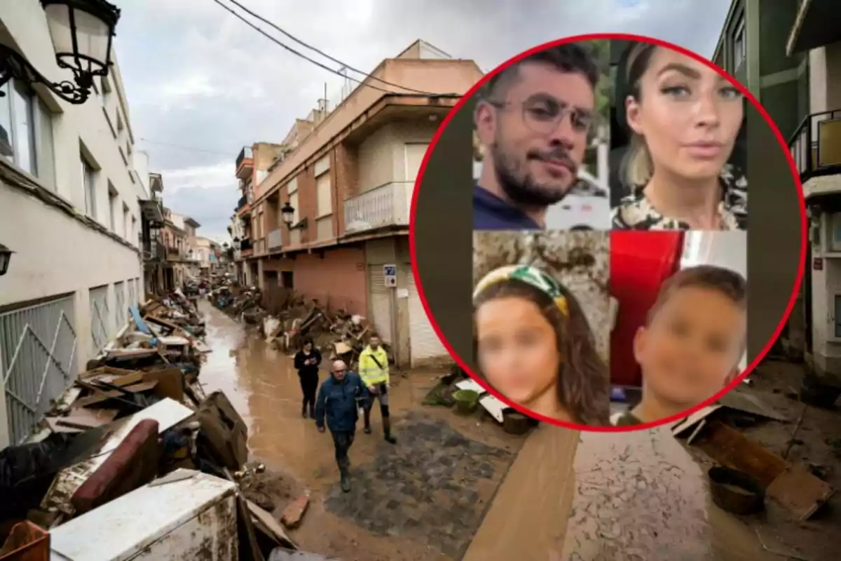 Un carrer inundat amb runes i persones caminant, al costat d'un requadre amb fotos de quatre persones.