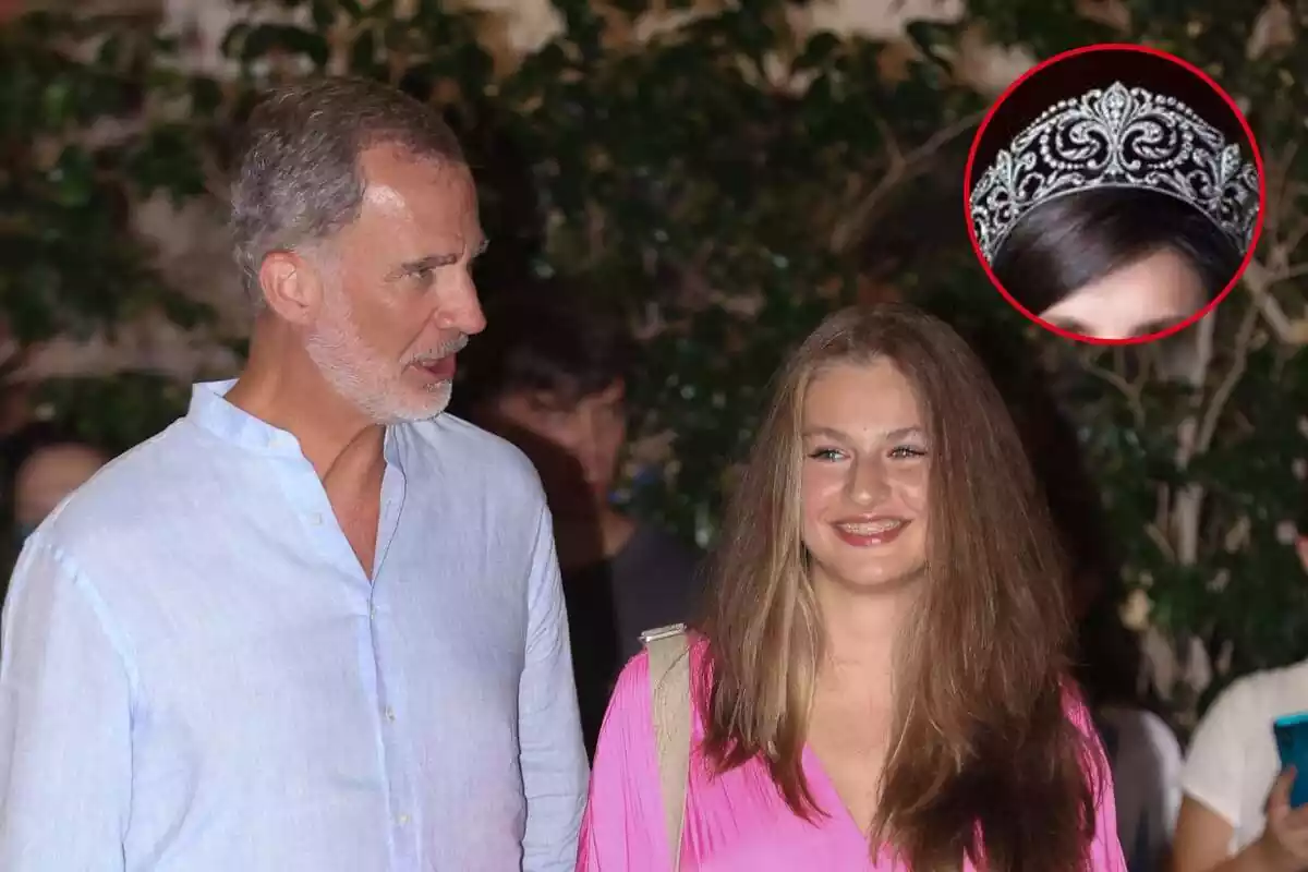 Muntatge amb una imatge de Felip VI amb la princesa Leonor junts i una imatge de la tiara ansorena