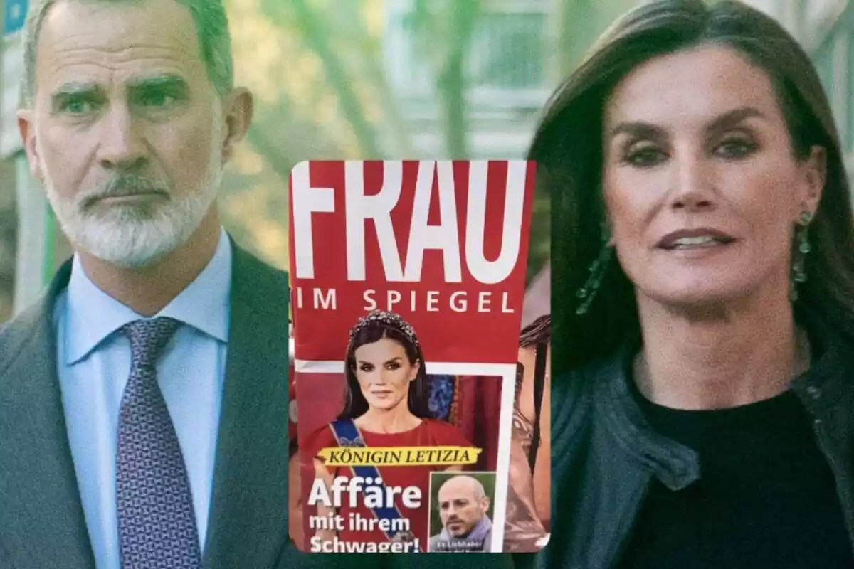 Muntatge amb Felip i Letizia seriosos caminant pel carrer i la portada d'una revista alemanya