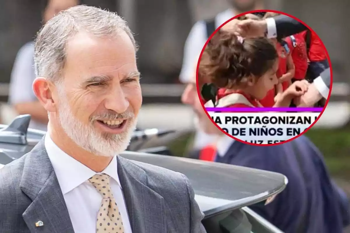 Muntatge de Felip VI rient en vestit gris i corbata groga i una nena pessigant la mà