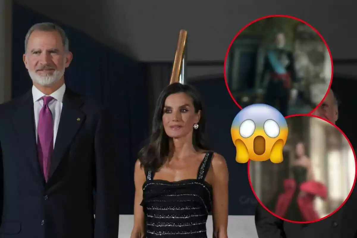 Felip VI i Letícia vestida formalment posa per a una foto, amb un emoji sorprès i dues imatges borroses en cercles vermells superposades.