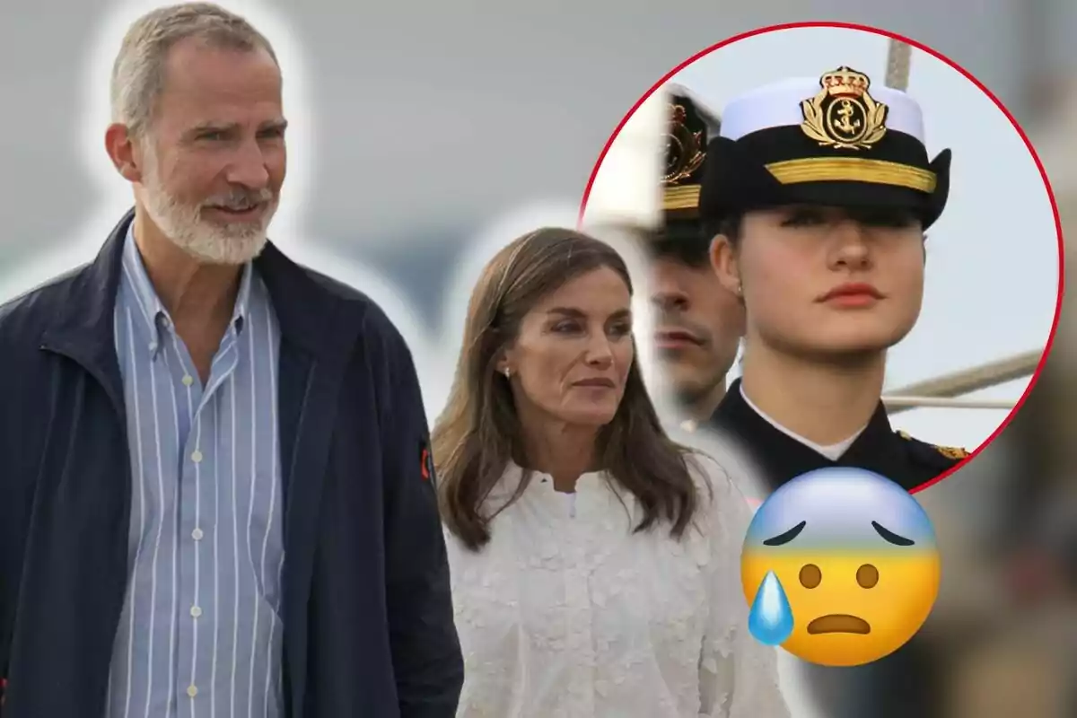 Felip VI i Letícia caminant a l'aire lliure amb una imatge inserida de Leonor en uniforme militar i un emoji de cara preocupada.