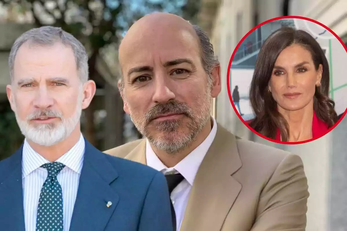 Muntatge de Felip VI amb rostre neutre i vestit blau, Jaume del Burgo seriós amb vestit marró i corbata negra i Letizia somrient