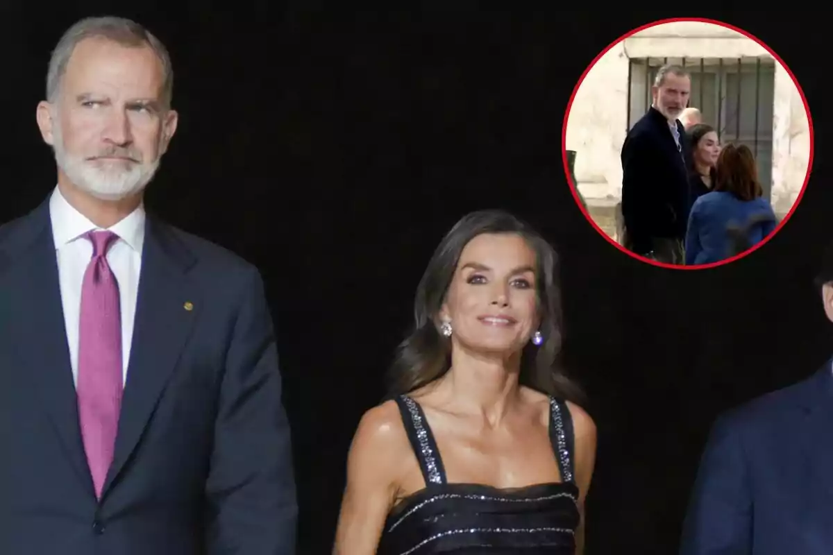 Felip VI i Letícia vestida de manera elegant camina junta en un esdeveniment nocturn, amb un requadre que mostra una escena diferent al fons.