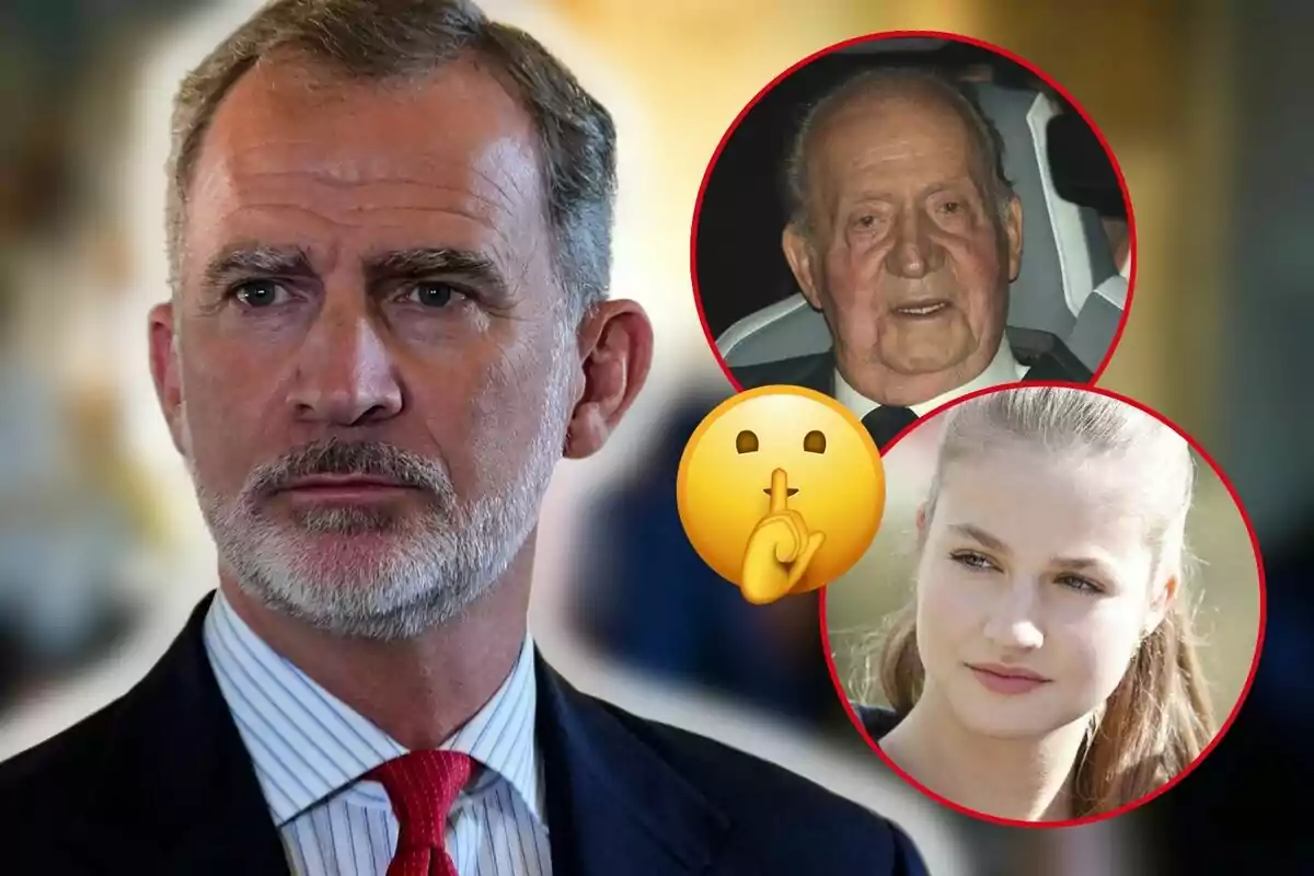 Felipe VI con barba y traje aparece en primer plano, mientras que en el fondo hay dos imágenes circulares de Juan Carlos I y Leonor, junto a un emoji de silencio.