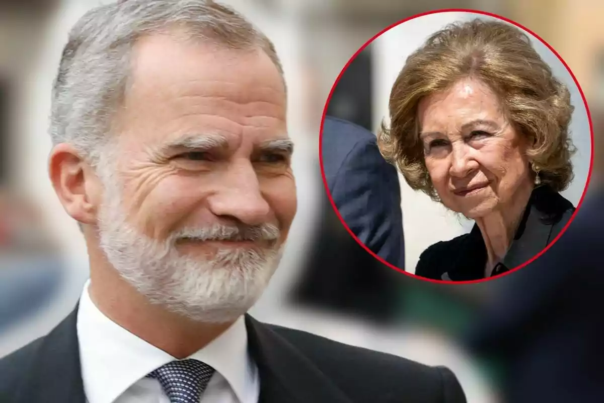 Felipe VI con barba sonríe mientras la reina Sofía aparece en un círculo rojo en la esquina superior derecha.