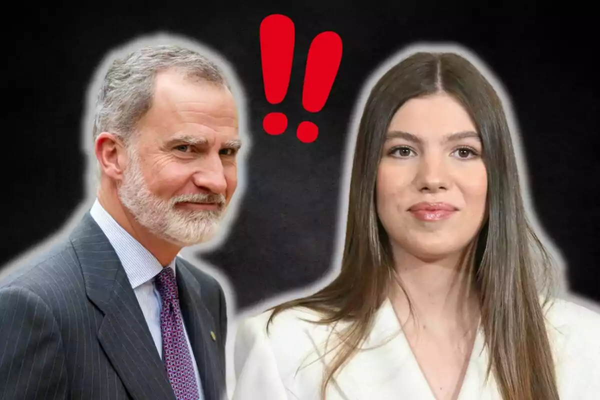 Felipe VI and Infanta Sofía are together against a dark background with red exclamation marks between them.