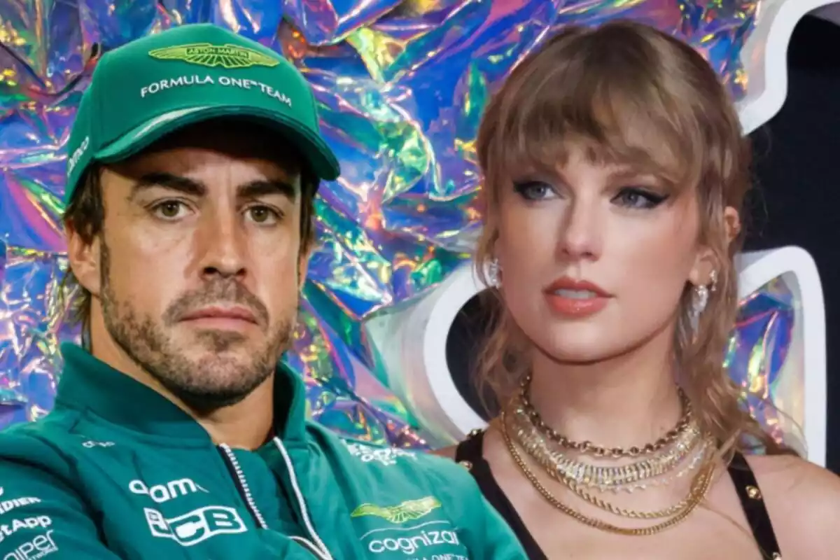 Muntatge de Fernando Alonso seriós amb gorra i jaqueta verda i Taylor Swift amb rostre neutre i collarets daurats