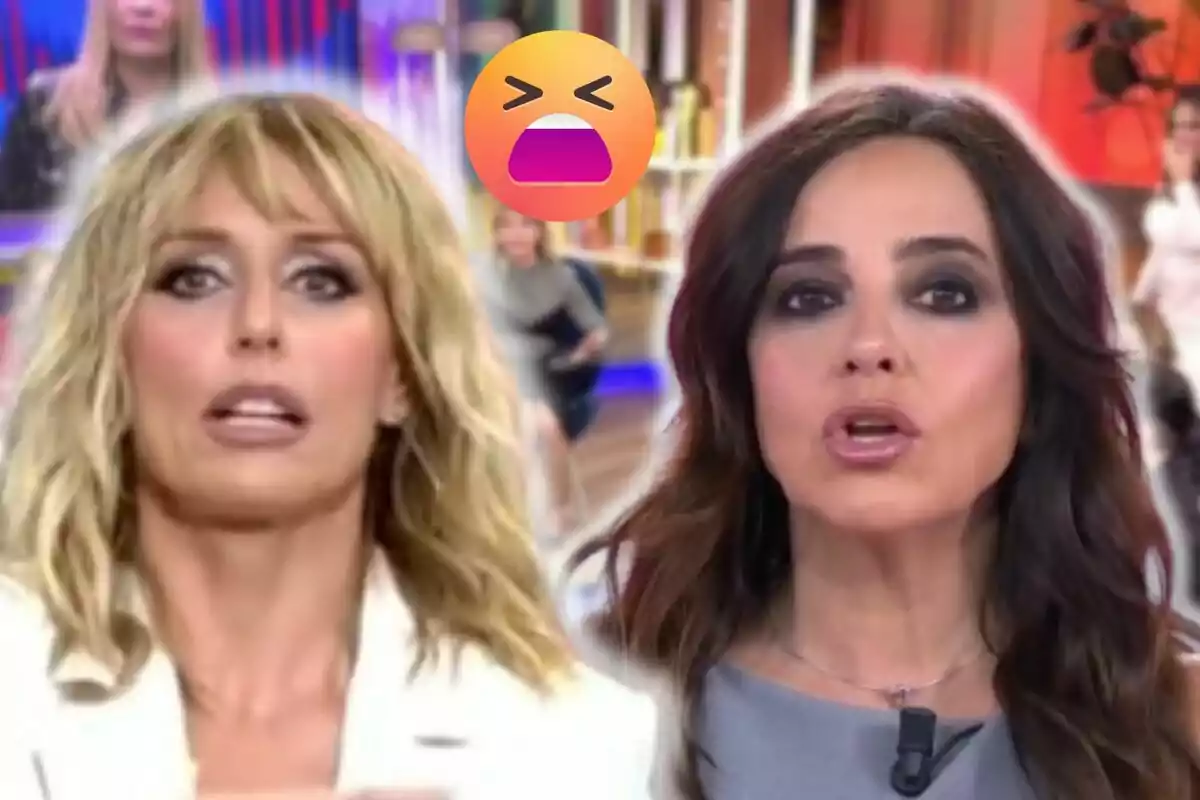 Emma García and Carmen Alcayde on a television show with an intense expression emoji overlay.