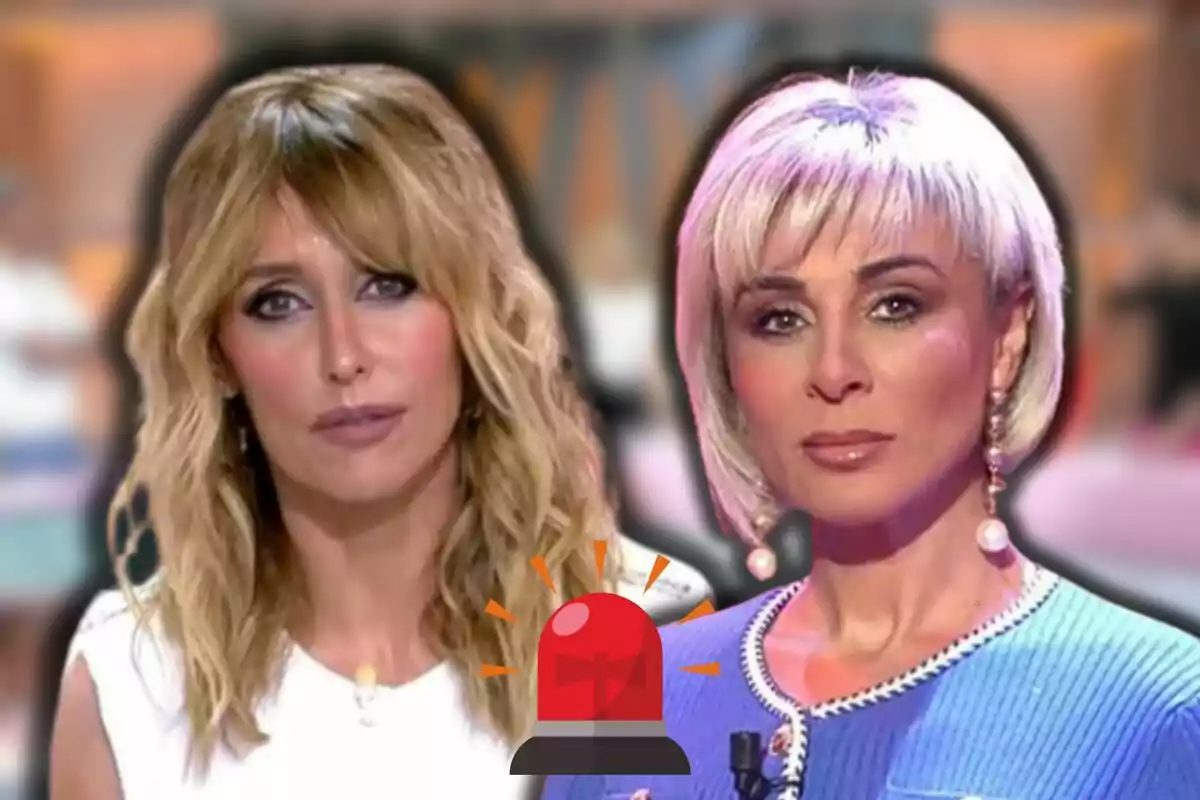 Emma García i Ana María Aldón amb expressions serioses apareixen en un muntatge amb un fons desenfocat i una icona d'alarma vermella al centre.