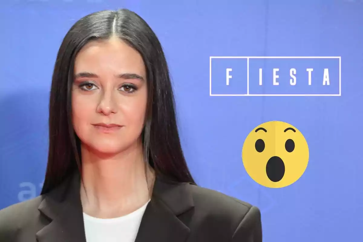 Victoria Federica montage, with long dark hair, with the 'Fiesta' logo and a surprised emoji.