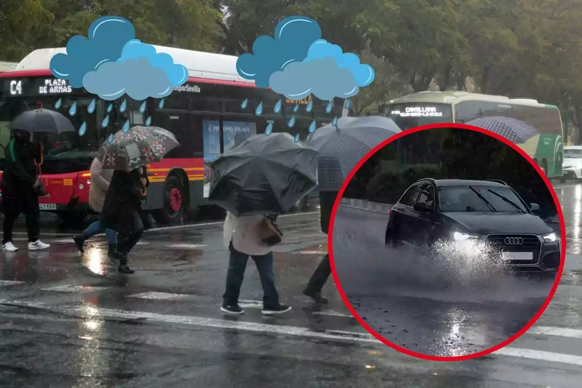 Diverses persones caminen amb el paraigua obert, sobre uns logos de pluja, i al cercle, un cotxe sobre una carretera mullada