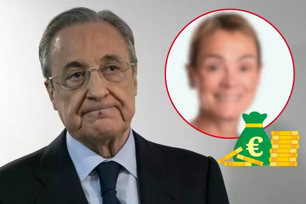 Florentino Pérez con expresión seria y una imagen borrosa de Sol Daurella dentro de un círculo rojo con iconos de dinero.