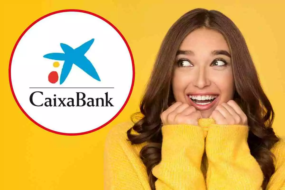 Dona somrient amb jersei groc mira emocionada cap al logotip de CaixaBank sobre fons groc Dona somrient amb jersei groc mira emocionada cap al logotip de CaixaBank sobre fons groc