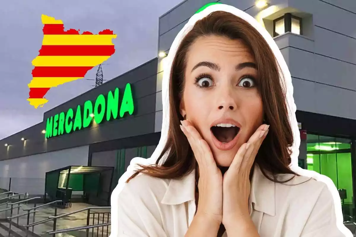 Muntatge amb el fons d'una botiga de Mercadona, davant una dona amb cara de sorpresa ia l'esquerra el mapa amb la bandera de Catalunya
