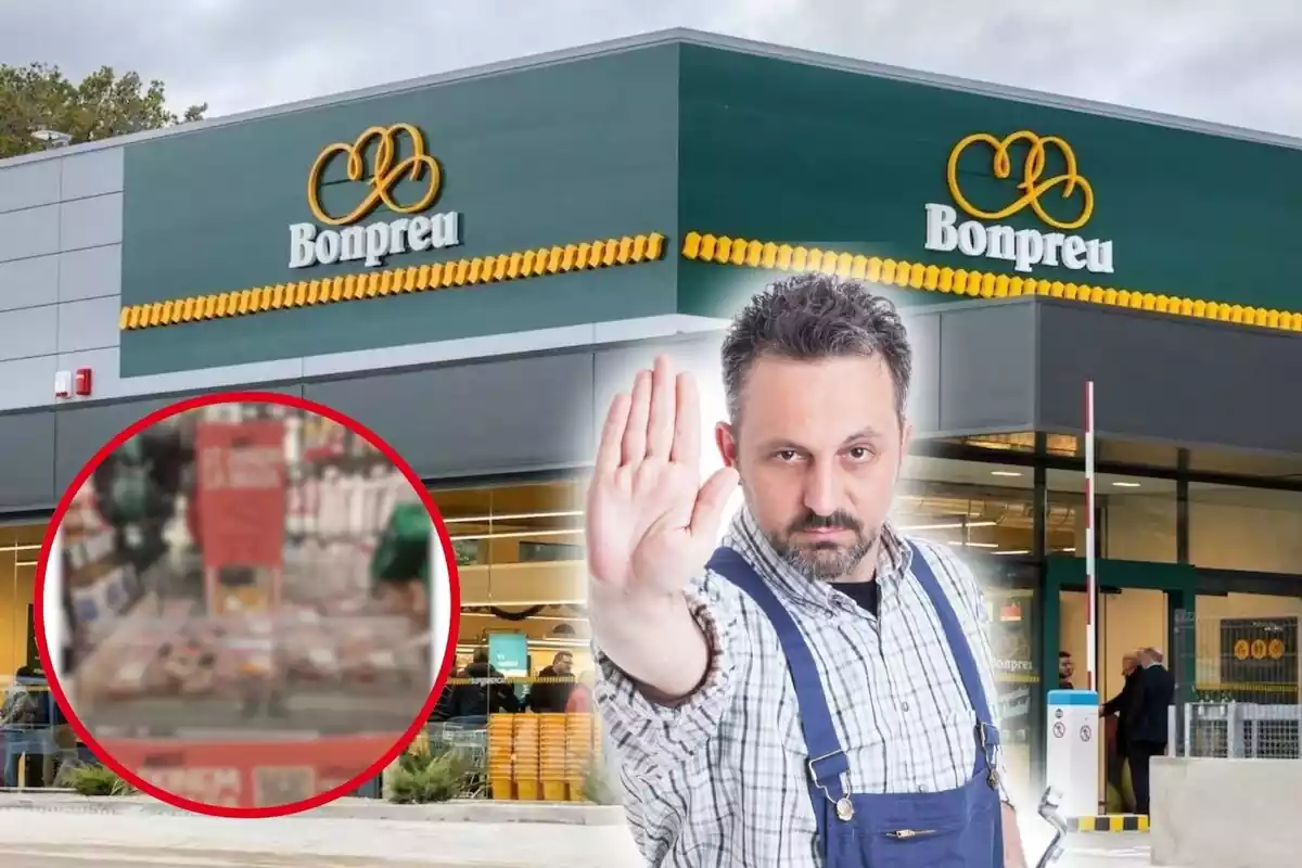 Muntatge amb imatge de fons del supermercat Bonpreu, amb una foto petita d'un Tweet borrós i la foto d'un senyor amb una mà en senyal d'"alt"