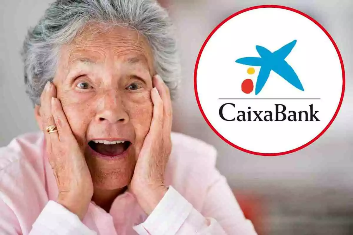 Dona gran amb expressió de sorpresa i logotip de CaixaBank en un cercle vermell