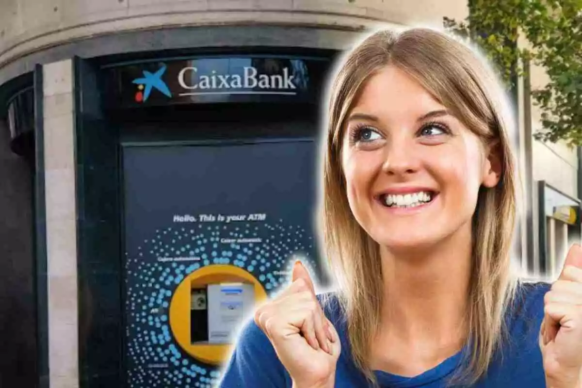 Una dona somrient davant d'un caixer automàtic de CaixaBank. Una dona somrient davant d'un caixer automàtic de CaixaBank.