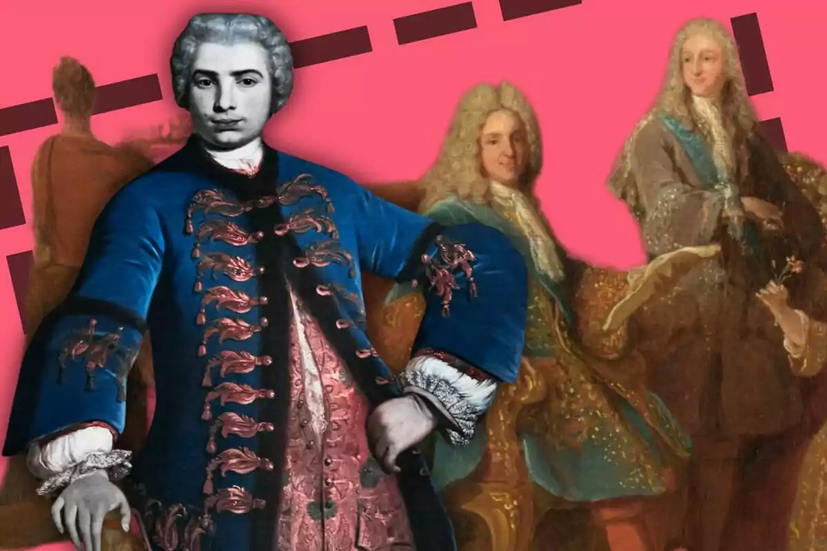 Un collage de retratos antiguos con un fondo rosa y figuras masculinas en trajes de época.