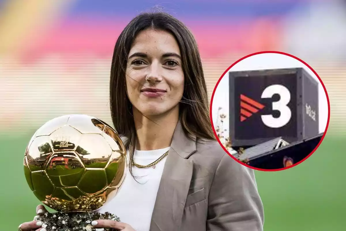 Muntatge amb foto d'Aitana Bonmatí somrient i mirant a càmera sostenint una pilota daurada a les mans i una foto petita amb el logotip de TV3