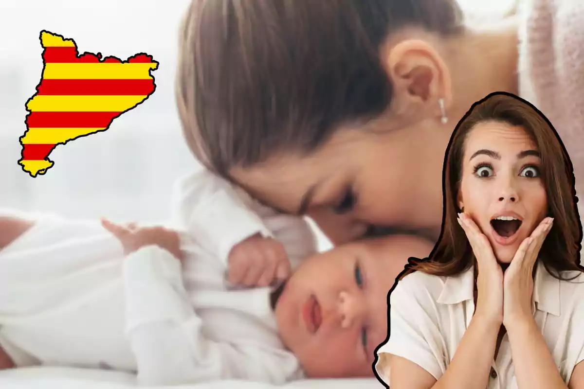 Muntatge amb foto de fons d'una mare amb el fill nounat, una altra foto d'una dona sorpresa i el mapa amb la bandera de Catalunya
