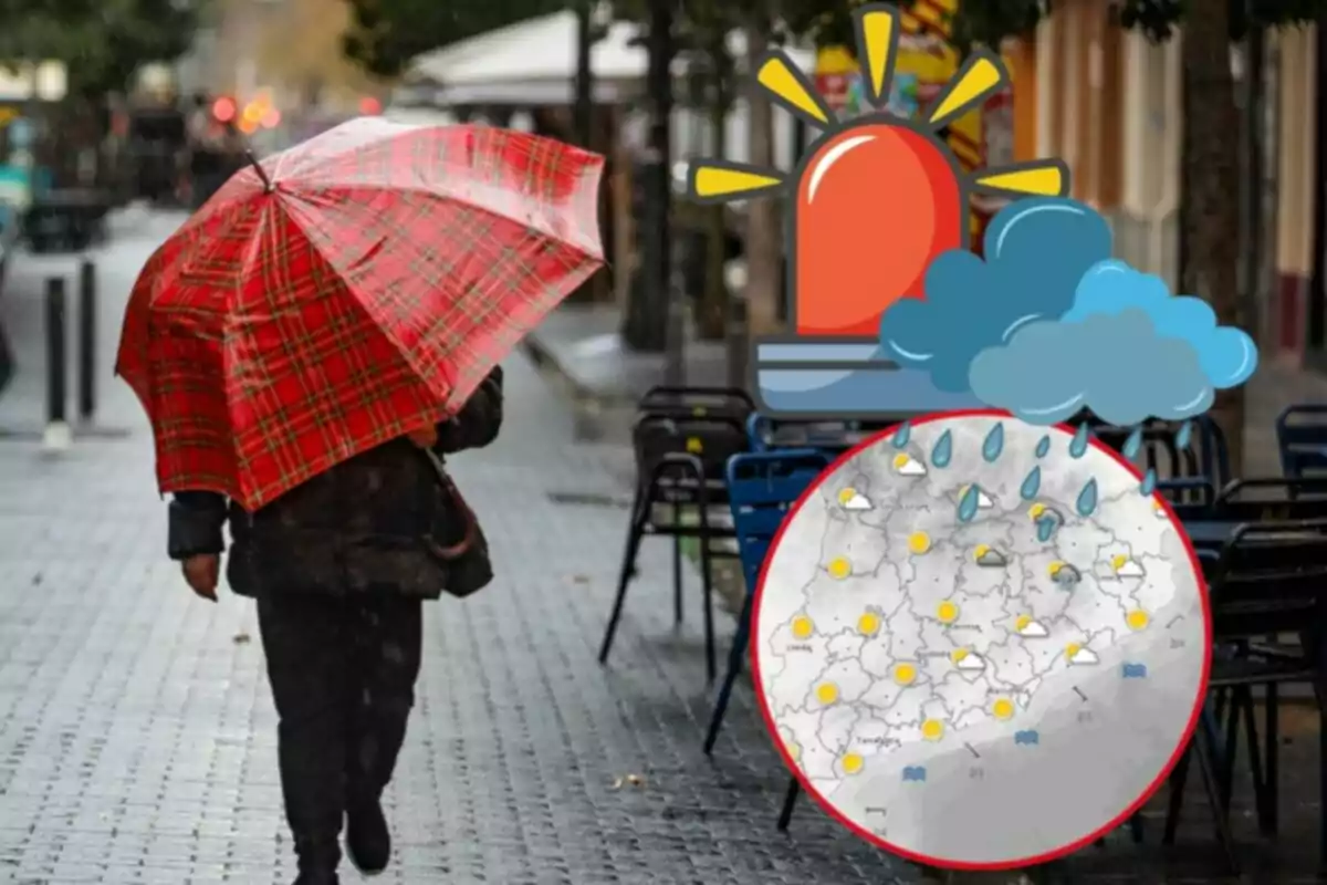 Persona caminant sota la pluja amb un paraigua vermell a quadres, amb un gràfic del clima superposat mostrant un mapa i símbols meteorològics.