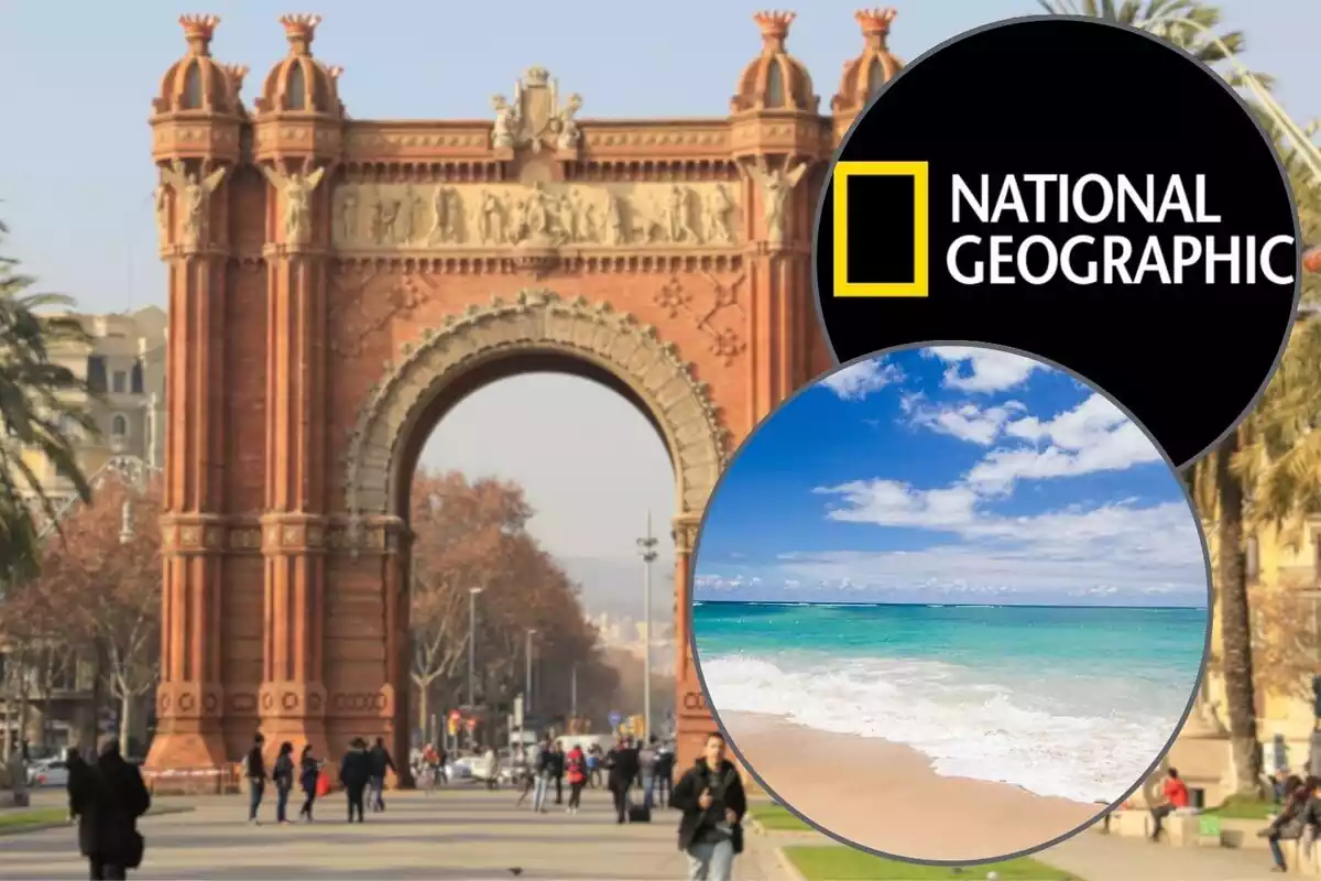 Muntatge d´una foto de l´Arc del Triomf de Barcelona al fons, amb el logo de National Geographic i una foto petita d´una platja