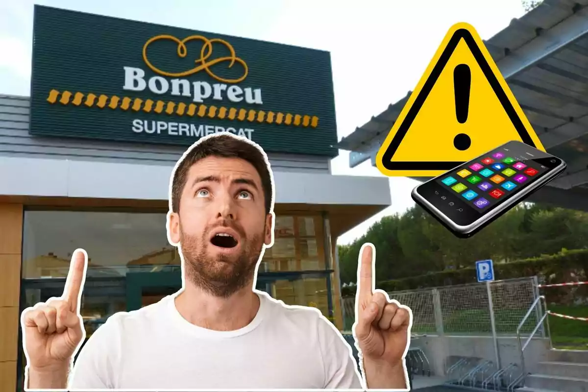 Un home amb expressió de sorpresa i assenyalant cap amunt, amb un supermercat Bonpreu de fons i una icona d?advertència al costat d?un telèfon mòbil.