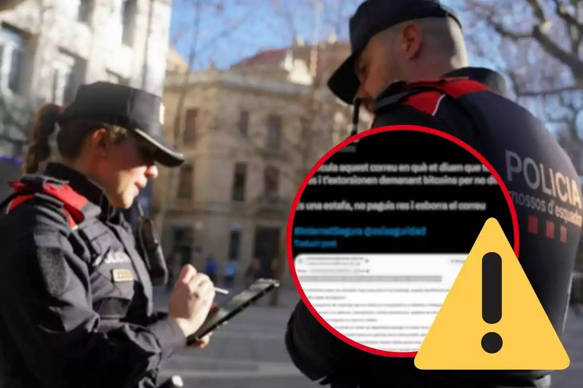Muntatge amb foto de fons de la policia i foto petita d'un missatge borrós amb un emoji d'advertència