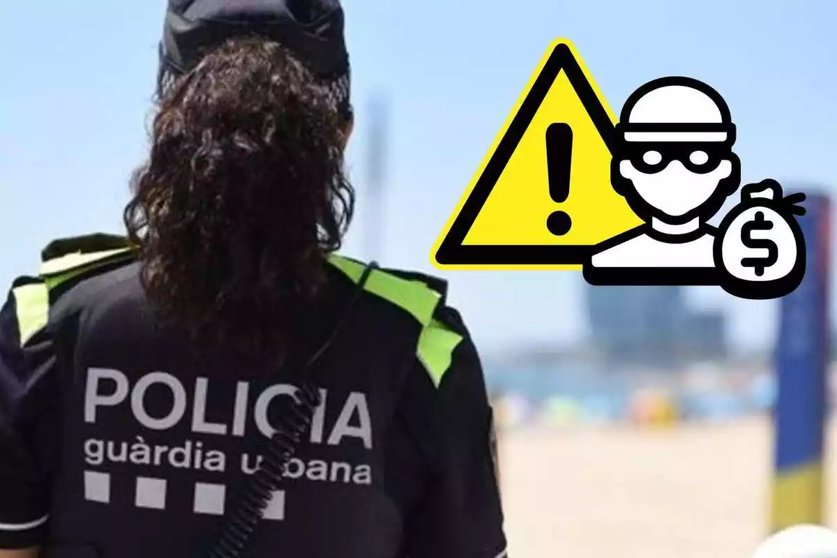 Muntatge amb la foto d'una dona policia d'esquena a un fons de platja de Barcelona i un emoji d'alerta amb un altre emoji d'un lladre