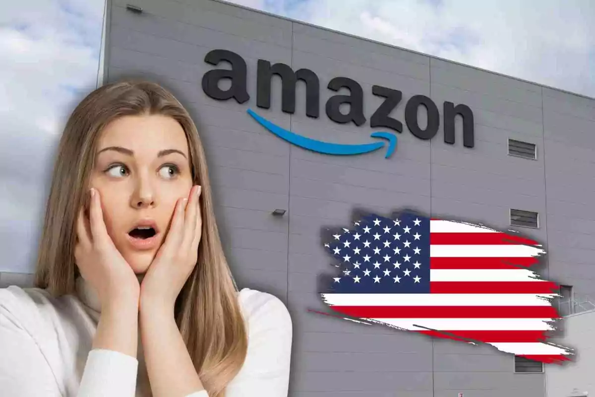 Una mujer con expresión de sorpresa frente a un edificio de Amazon con una bandera de Estados Unidos.