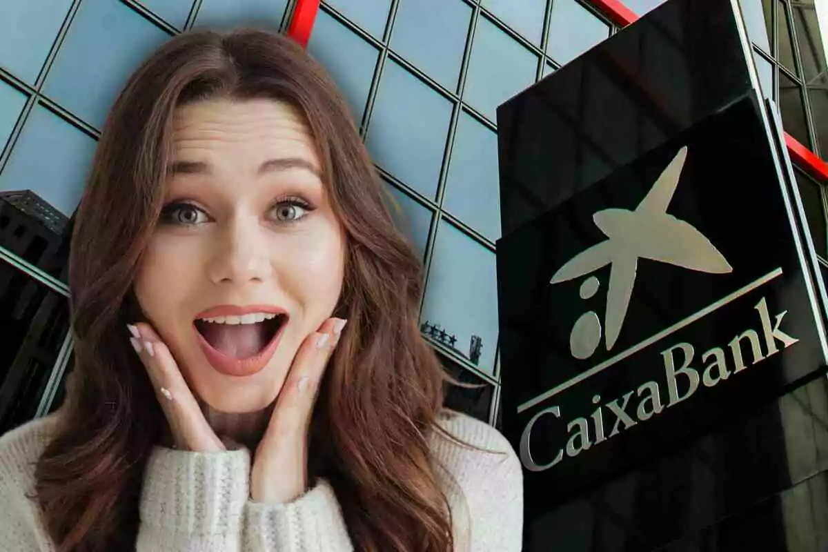 Una dona amb expressió de sorpresa davant d'un edifici amb el logotip de CaixaBank. Una dona amb expressió de sorpresa davant d'un edifici amb el logotip de CaixaBank.