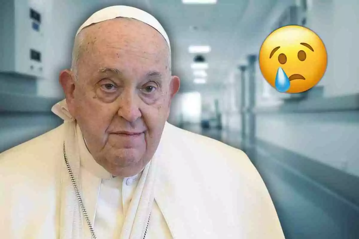 Pope Francis in religious attire in a hospital hallway next to a sad emoji.