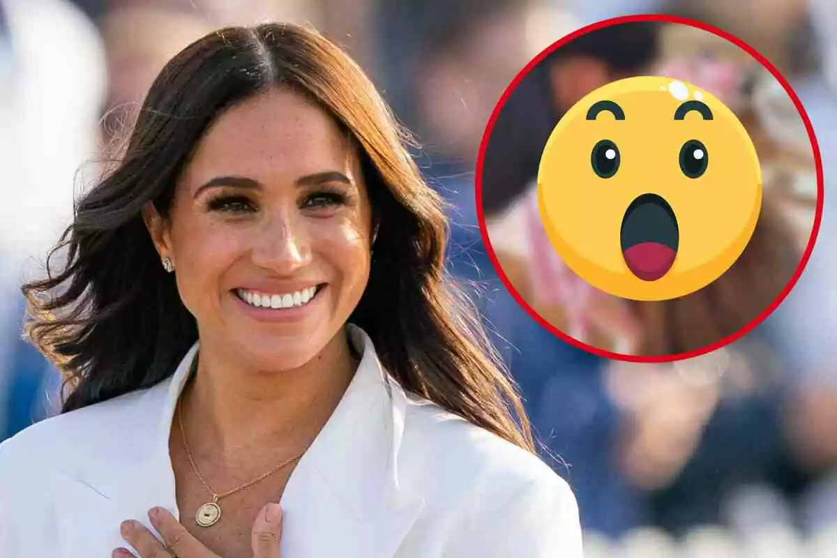 Meghan Markle smiling with a surprised emoji in a red circle next to them.