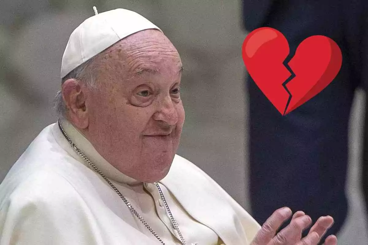 Pope Francis in white religious attire and a broken heart emoji next to him. Pope Francis in white religious attire and a broken heart emoji next to him.