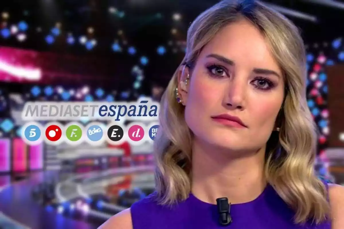 Muntatge de fotos d'Alba Carrillo mirant a càmera seriosa amb un plató i el logotip de Mediaset de fons