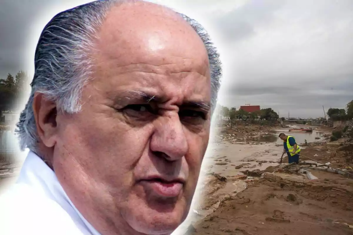 Amancio Ortega con expresión seria en primer plano y al fondo una escena de limpieza en una zona afectada por inundaciones.