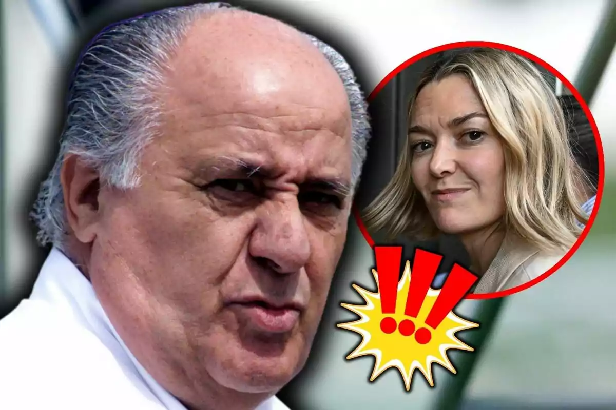 Primer pla d'Amancio Ortega amb expressió seriosa i la seva filla, Marta Ortega, en un cercle vermell amb signes d'exclamació.