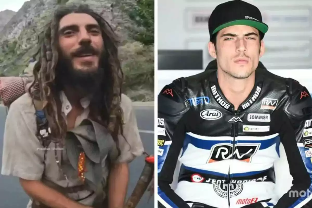 Dos imágenes de Axel Pons lado a lado; a la izquierda, aparece con rastas y barba en un entorno natural; a la derecha, sale vestido con traje de motociclista y gorra en un entorno profesional.