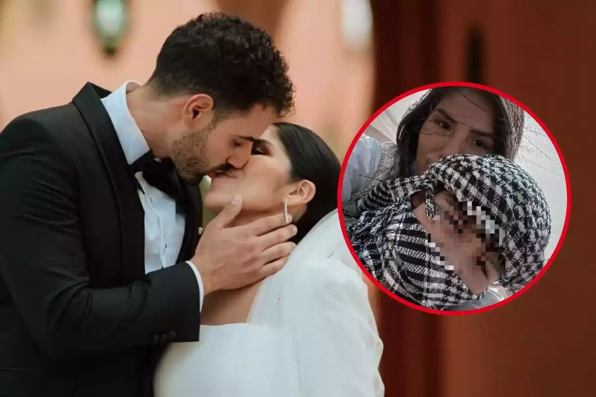 Muntatge de fotos d'Asraf Beno i Isa Pantoja fent-se un petó el dia del seu casament i un selfie d'Isa Pantoja amb el seu fill Alberto