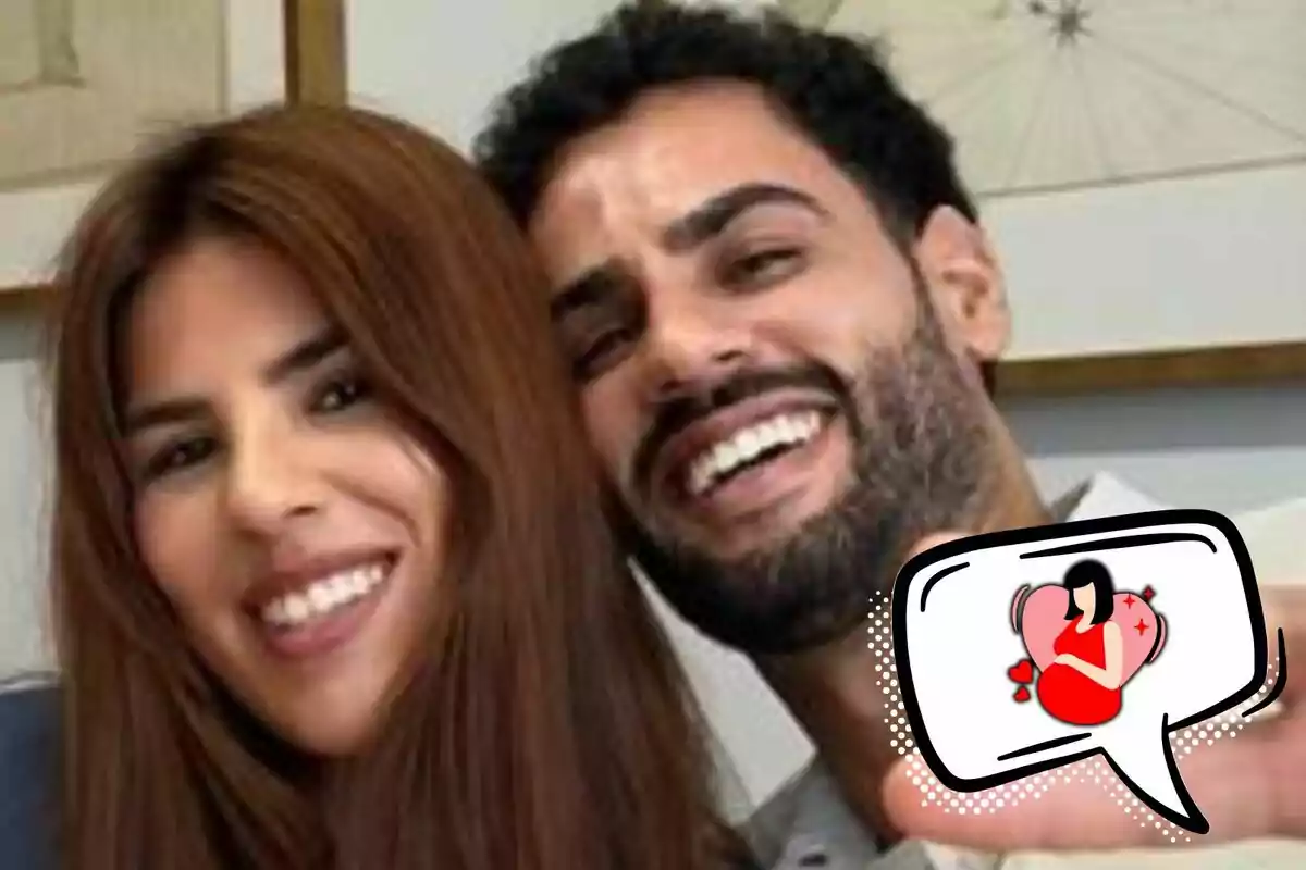 A smiling couple, Asraf Beno and Isa Pantoja, with an emoji of a pregnant woman in a speech bubble.