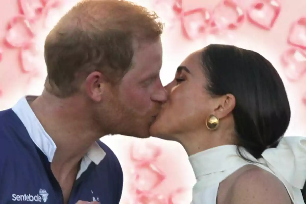 Montaje de fotos de una imagen del príncipe Harry y Meghan Markle dándose un beso con un fondo desenfocado de tonos rosados.