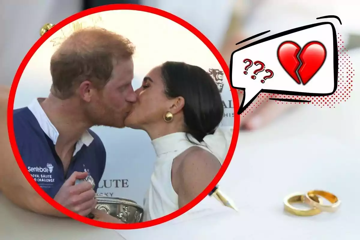 A couple, Meghan Markle and Prince Harry, kiss as a graphic of a broken heart and question marks appears next to them, with a pair of gold rings in the background.