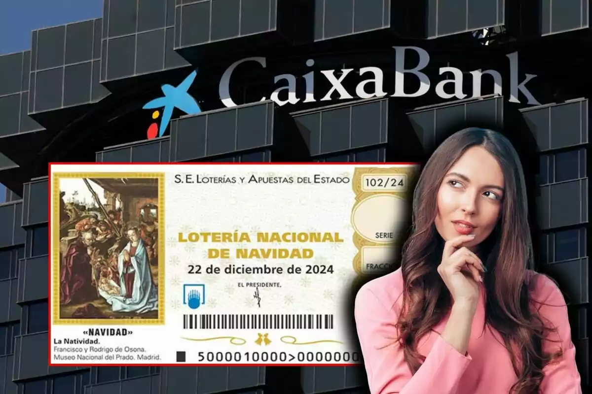 Una dona pensativa amb una butlleta de la Loteria Nacional de Nadal davant d'un edifici de CaixaBank.