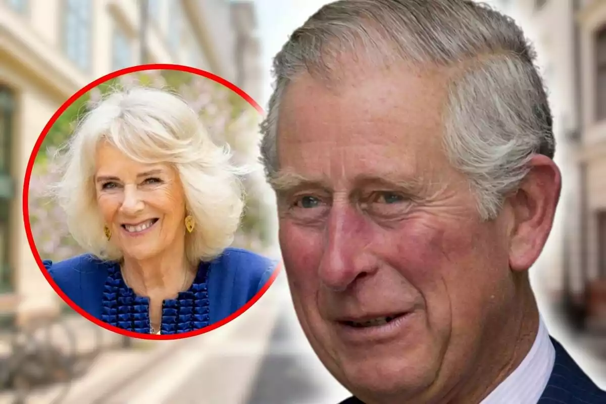 Close-up photo montage of Charles III with grey hair and Camilla Parker with blonde hair in a red circle on an urban background.